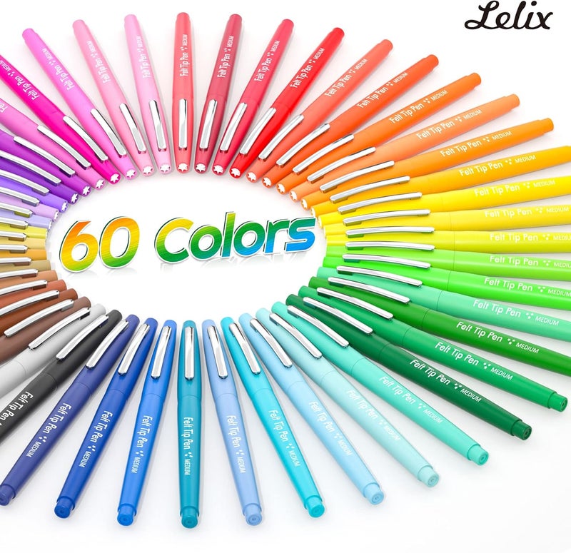 Lelix 60 Colors Felt Tip Pens, Medium Point Felt Pens, Assorted Colors Markers Pens For Journaling, Writing, Note Taking, Planner Coloring, Perfect as Art Office and School Supplies - Image 2